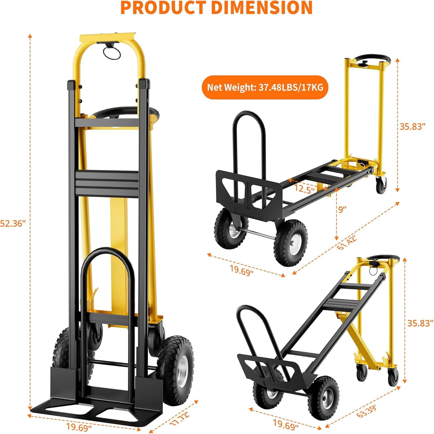 3 in 1 Convertible Hand Truck Dolly, 770 LBS Load Capacity Folding Cart with 3 Positions & Puncture-Proof Wheels, Elastic Straps, Aluminum Collapsible Dolly Cart for Home, Warehouse, Supermarket