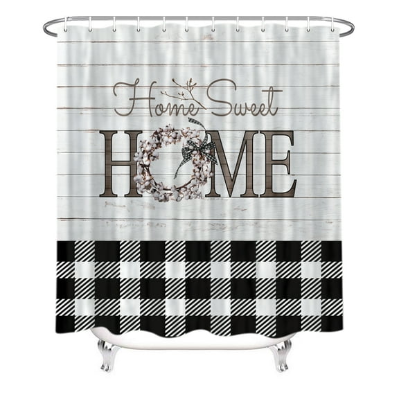 Black White Buffalo Check Plaid Shower Curtain, Rustic Fabric Shower Curtains for Bathroom with Floral Decor on Wooden Board, Polyester Fabric Bathroom Shower Curtain with Hooks
