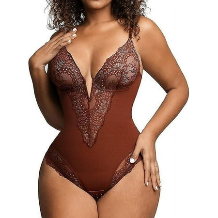 Popilush Lace Shapewear Bodysuit Women V Neck Tummy Body Suit Thongs