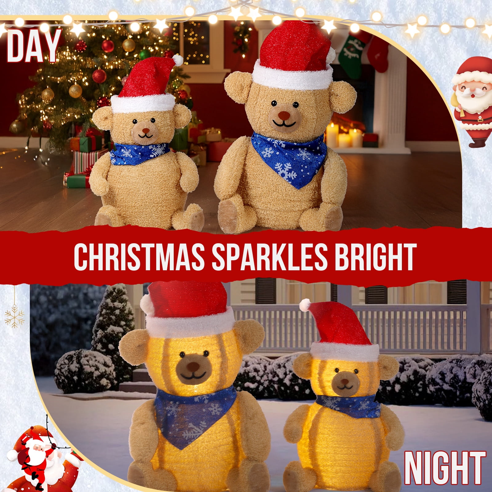 Astoutdoor Set of 2 Lighted Plush Bear Christmas Decorations, Pre-lit Pull Up Holiday Decor with 60 Warm White LED Lights for Indoor Outdoor Display