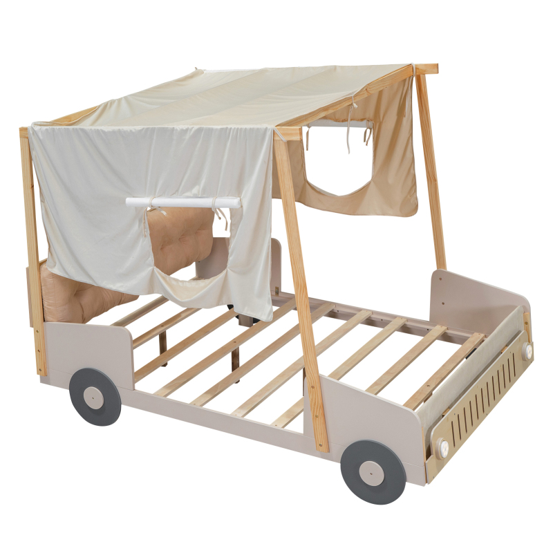 [Luckynote]Wood Full Size Car Bed with Pillow, Ceiling Cloth and LED, Natural