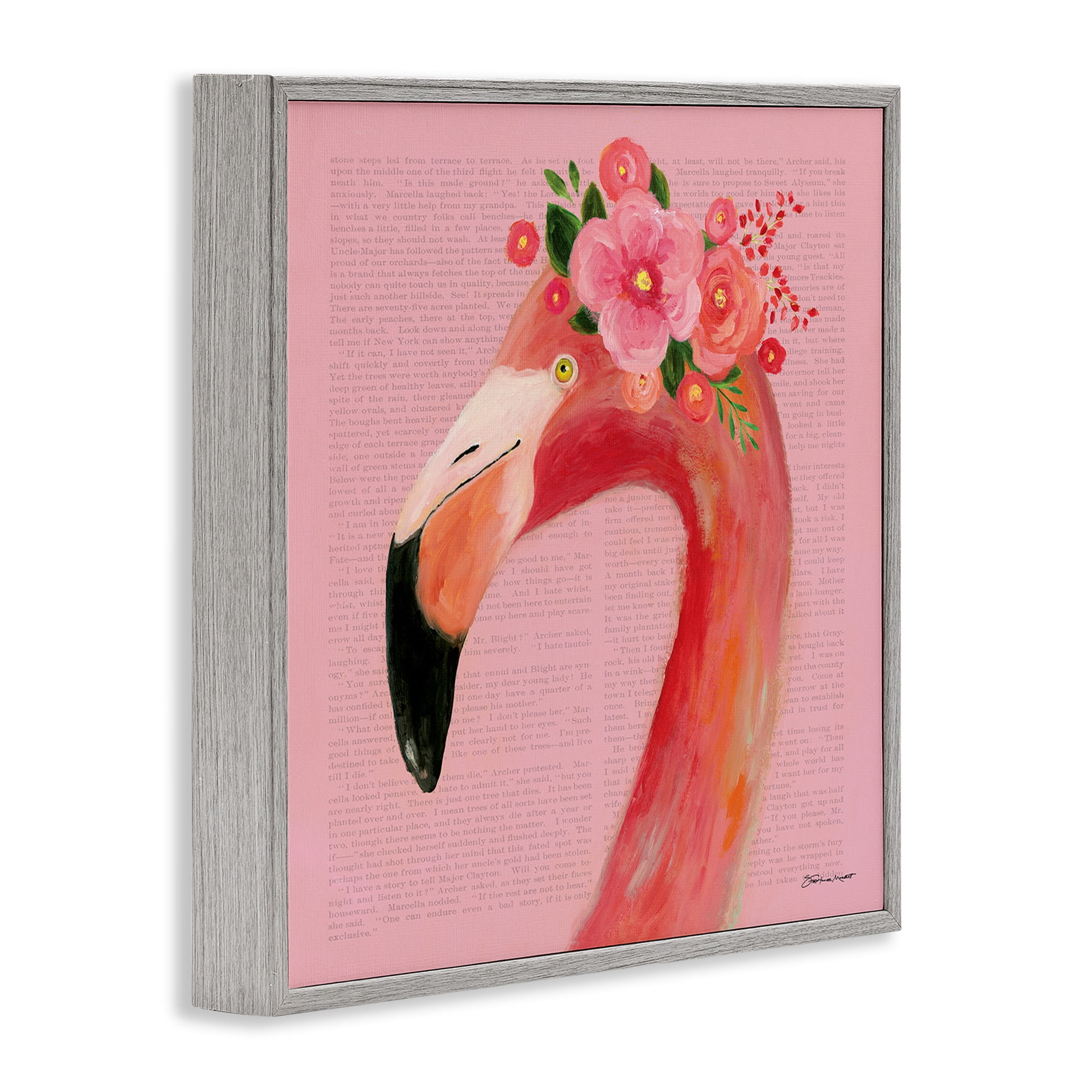 Stupell Industries Floral Flamingo Pink Portrait Animals & Insects Painting Gray Framed Art Print Wall Art, 17 x 17