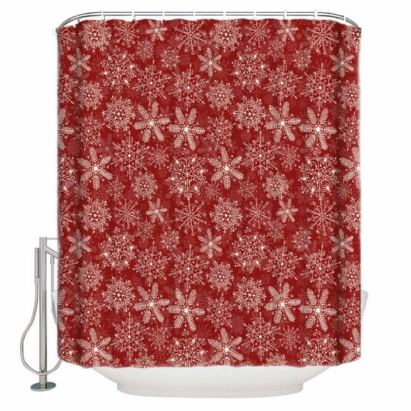 Fabric Shower Curtain, Red Christmas Gold Snowflake Texture Pattern Bathroom Curtain with 12 Hooks Waterproof No Bad Odor Machine Washable Bath Curtains for Bathroom, Spa Room, 36"x72"