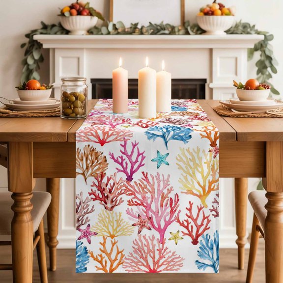Ocean Colorful Corals Table Runner, Summer Nautical Coastal Watercolor Sea Starfish Cotton Linen Kitchen Table Decoration Washable Dining Tabletop Runners for Home Party Decor 14x72 Inches