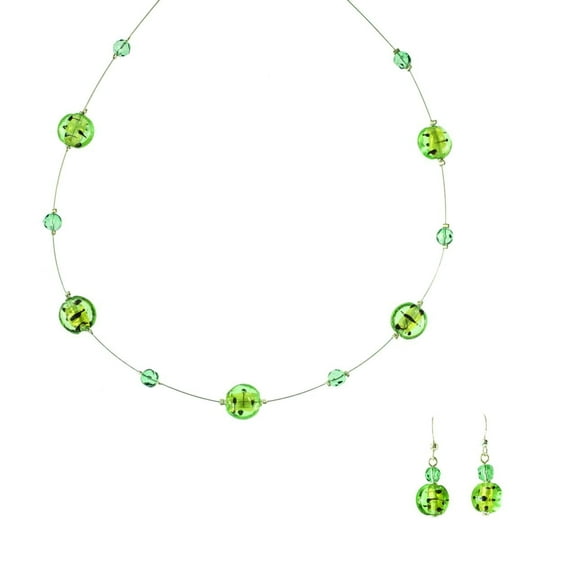 Green Glass Bead Necklace and Drop Earring Summer Jewelry Set Necklace Earring