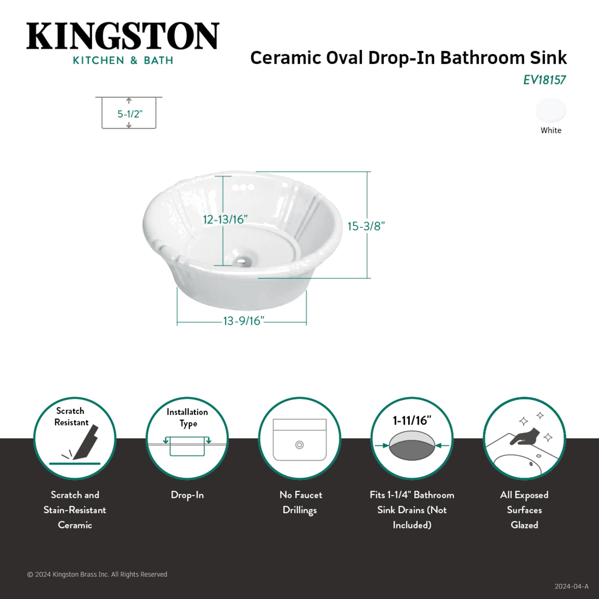 Kingston Brass EV18157 Vintage 18-1/8" Ceramic Single Bowl Drop-In Bathroom Sink, White