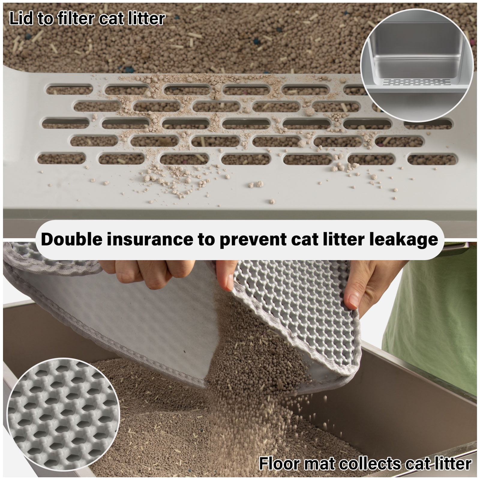 Nyutu Stainless Steel Litter Box with Lid 2 Pack,  Large to XL Metal Cat Litter Box with Scoop and Mat, High Sided Litter Boxes for Big/Multi Cats, Anti-Urine Leakage, Easy Clean and No Smell