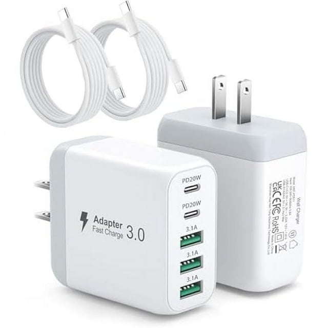 USB C Wall Charger Block, 2Pack 50W 5-Port C Charger Fast Charging Block with 10ft USB C to C Cable, PD Power Adapter +QC 3.0 Multiport Type C Box Brick for iPhone 16/15/14 Pro Max Plus,iPad,Samsung