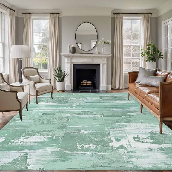 Large Area Rugs for Living Room Bedroom, Green Abstract 6'x9' Rug Washable Carpet Runner Indoor Outdoor, Vintage Geometric Gradient Oil Painting Modern Non Slip Floor Mats Rug for Kitchen, Playroom