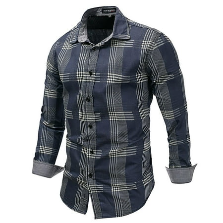 CEHVOM Men's Fashion Cotton Long-sleeved Lapel Shirt Plaid Shirt ...