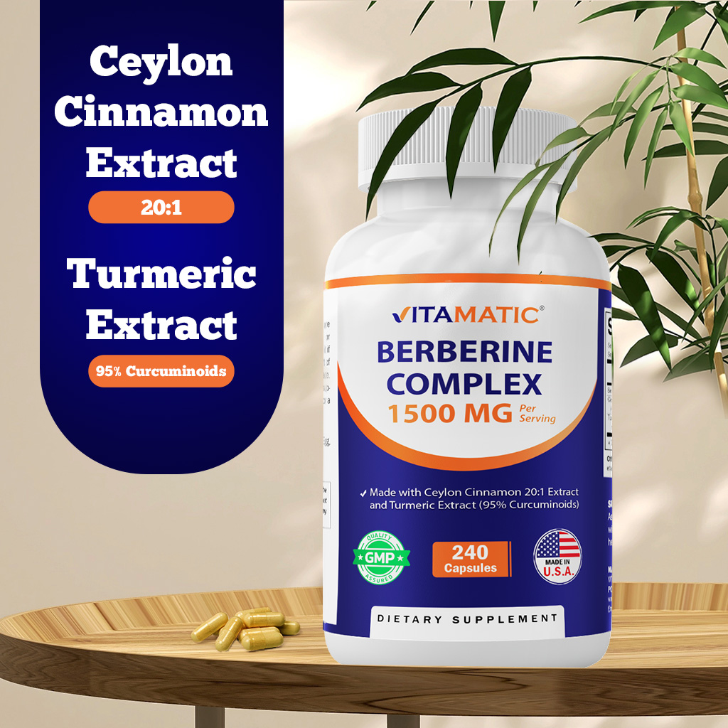 Vitamatic Berberine with Ceylon Cinnamon, 1500mg, 240 Capsules, Non-GMO, Gluten Free