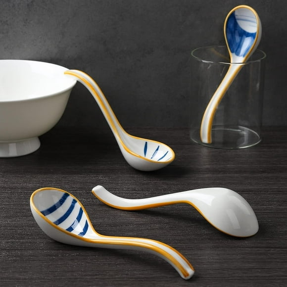 Asian Ceramic Soup Spoons, Underglaze Color Technology For Authentic Japanese Style, Vintage Pattern Designs Enhance Your Dining Experience, Set Of 4