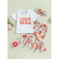 thumbnail image 2 of Bagilaanoe 2pcs Toddler Baby Girl Long Pants Set Letter Print Short Sleeve T-shirt Tops + Flower Flare Trousers + Headband 6M 12M 18M 24M 3T 4T Kids Casual Outfits, 2 of 8