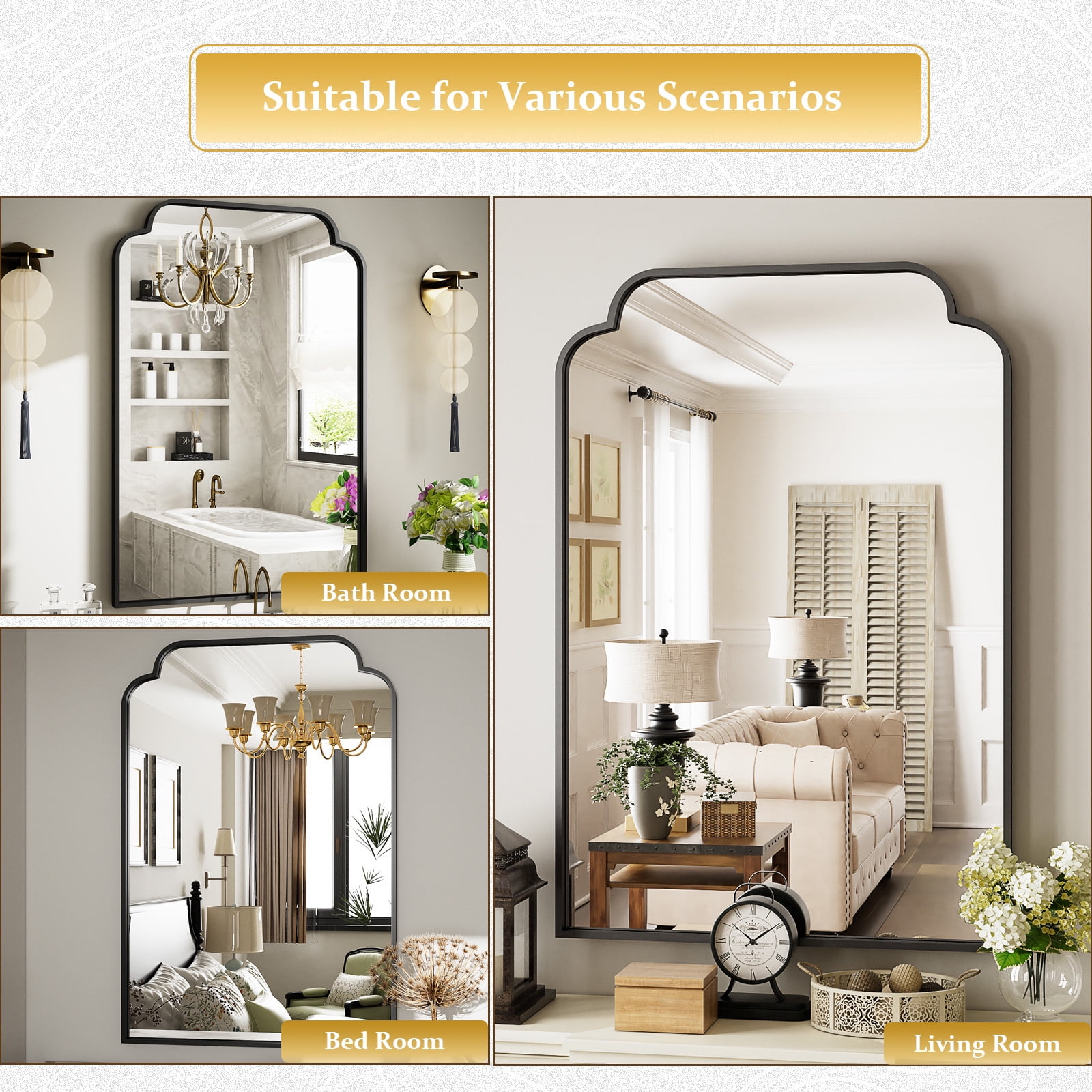 GRAHMCY 40"x30" Bathroom Mirror Arched Wall-Mounted Leaning Vanity Mirror with Deep Frame, Black