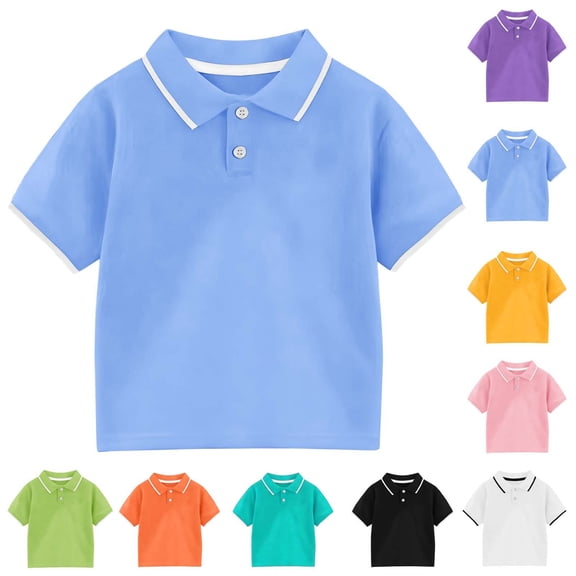 Eltusu Boys Cotton Polo Shirts, Short Sleeve Casual Lapel Collar Pullover School Uniform Shirts Light Blue Size 10-12 T