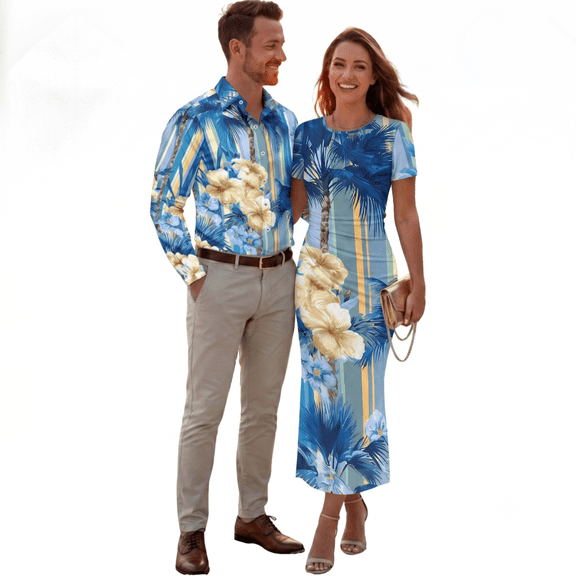 Chririnla Couples Outfits His and Her Matching Sets Blue Hibiscus Print Long Sleeve Dress Shirts and Bodycon Dress for Men Women Matching Outfits Couple Hawaii Luau Party Outfit,S-3XL