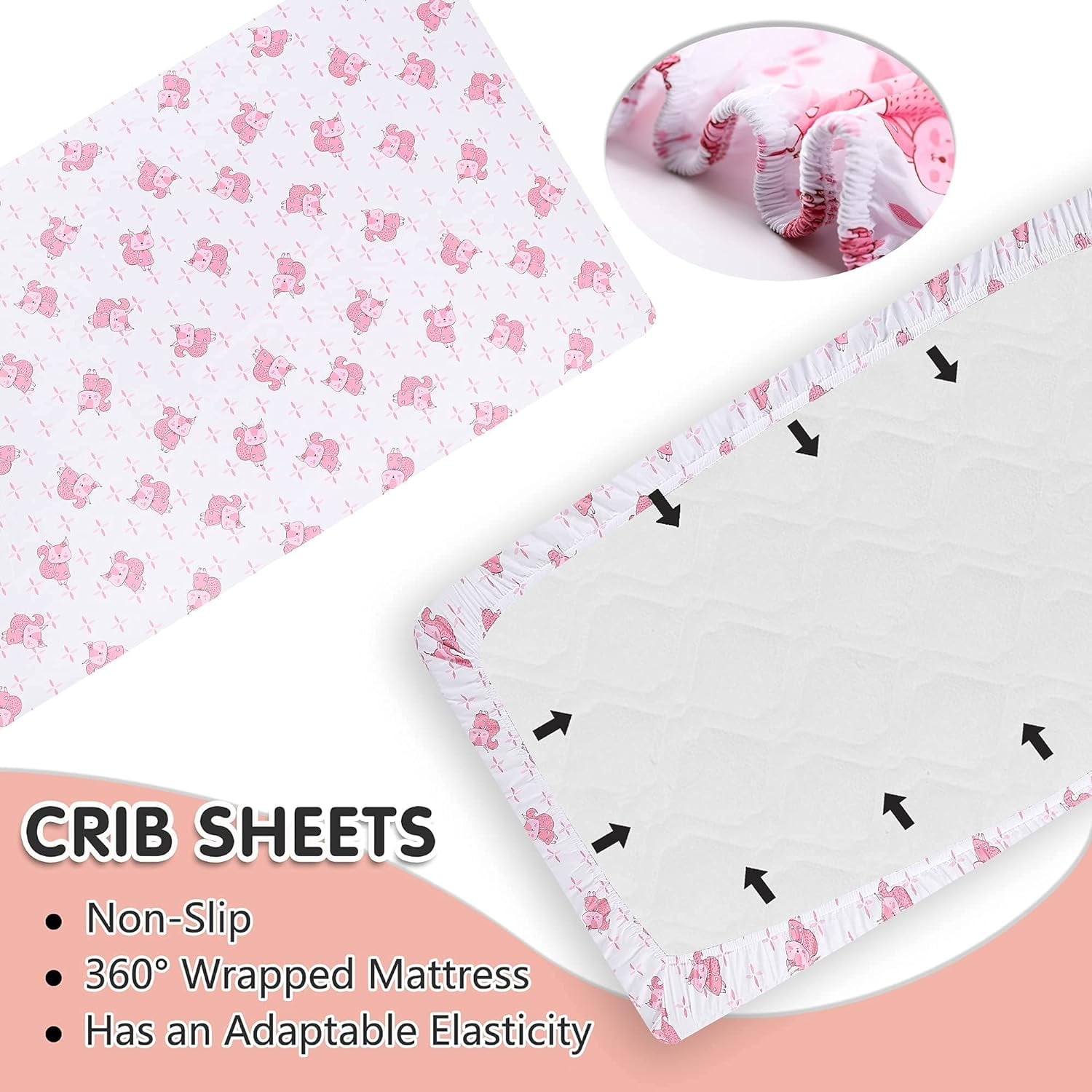Sweet Baba Pink & White Crib Bedding Sets for Girls 3 Pcs, Squirrel Baby Crib Bedding Set Including Crib Quilt/Crib Skirt/Crib Sheet