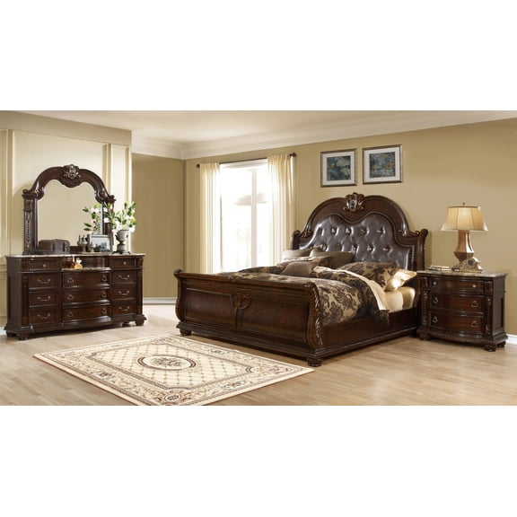 Formal Traditional 4pc Bedroom Set King Size Upholstered Bed Nightstand Dresser Mirror Marble Top