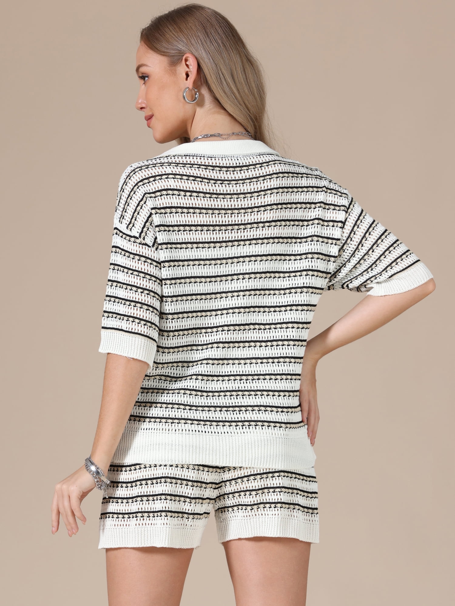 DARING DIVA Women's 2 Piece Crochet Short Sets Striped V Neck Tops S Brown Striped
