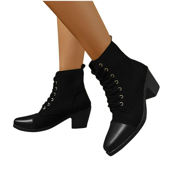 Bnwani Women Boots New Winter Fashion Toe Square Thick Chunky Casual Splicing Boot Black Size 5.5