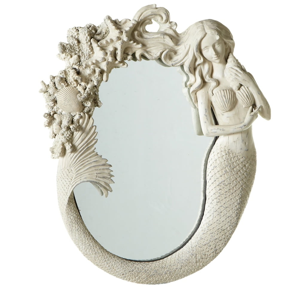 16" Off-White Nautical Themed Resin Mermaid Decorative Wall Mirror
