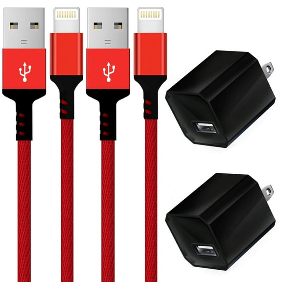 Chargers 5W USB Power Adapter Wall Charger 1A Cube for Plug Outlet w/ 6FT/2M Nylon Braided Sync & Charger Cord Compatible for iPhone 8 / X / 7 / 6S / Plus   More (RED) 2 Pack