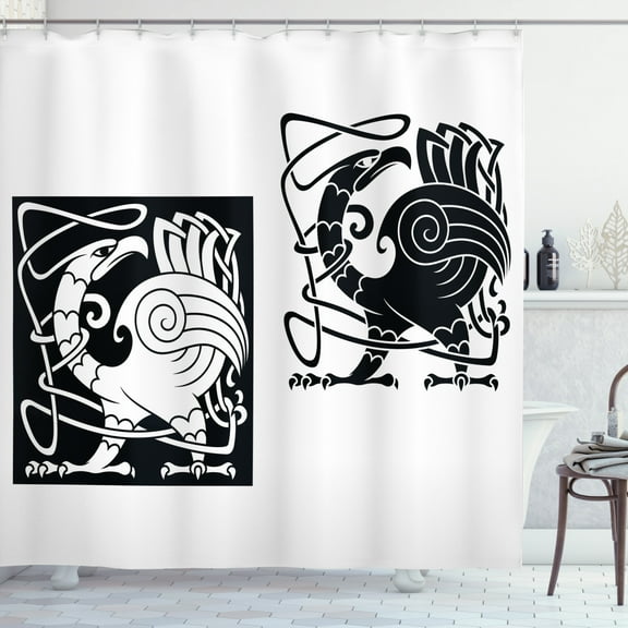 Celtic Shower Curtain, Bird Silhouettes Fantastic Animals with Tracery Inspired Ornamental Pattern, Fabric Bathroom Set with Hooks, 69W X 70L Inches, Black and White, by Ambesonne