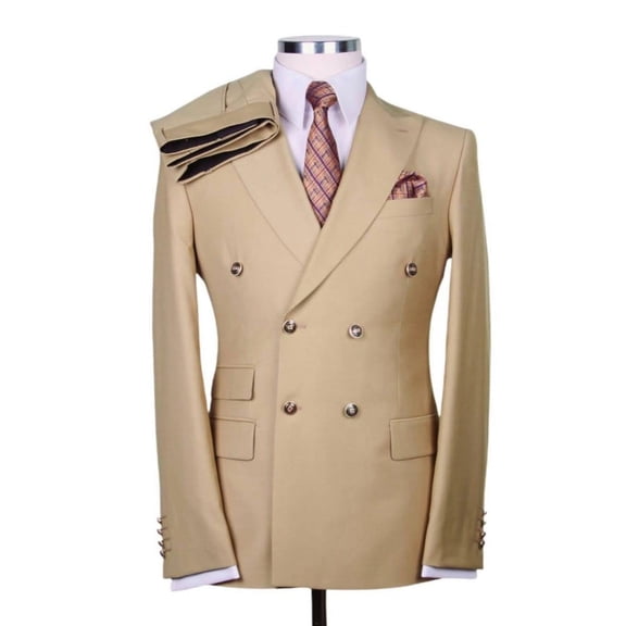 Mens Designer Modern Fit Double Breasted Wool Suit with Gold Buttons in Camel