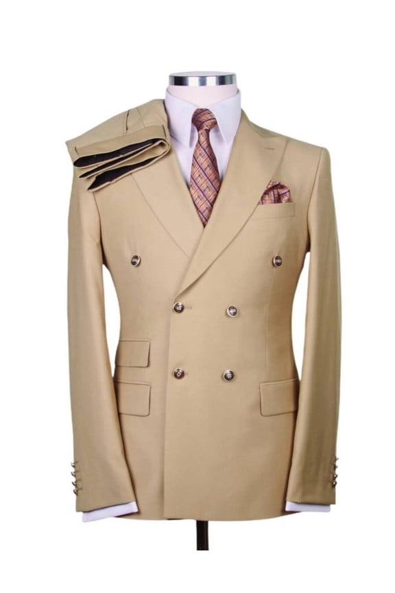 Mens Designer Modern Fit Double Breasted Wool Suit with Gold Buttons in Camel