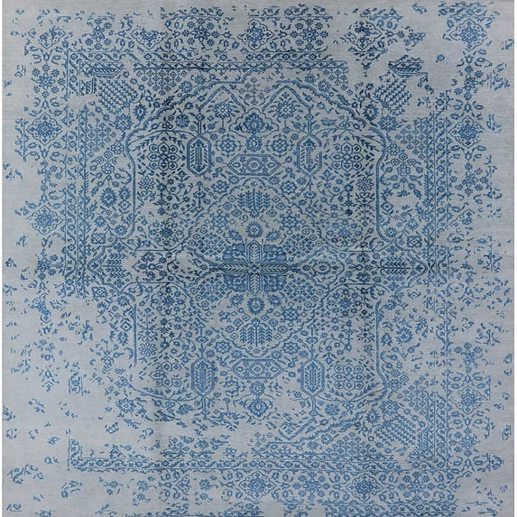 Ahgly Company Machine Washable Indoor Square Industrial Modern Windows Blue Area Rugs, 8' Square