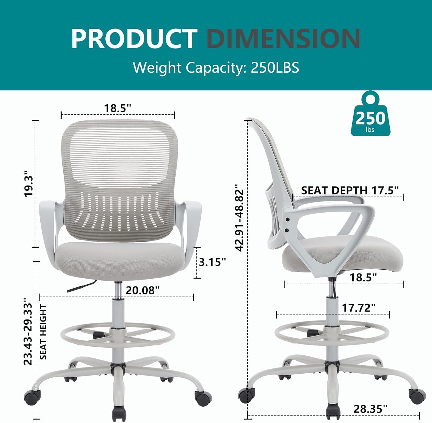 Howcool Drafting Chair Tall Office Chair with Adjustable Foot Ring, Height Adjustable Swivel Rolling Counter Height Chair for Standing Desk Home Office