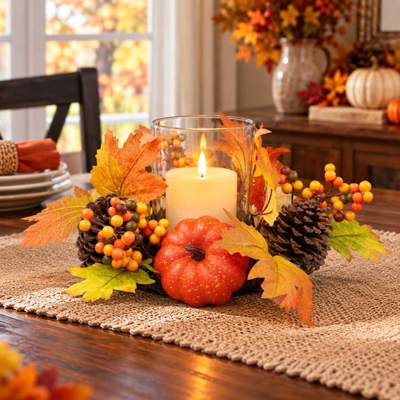 10" Pumpkin, Berry and Pine Cone Fall Harvest Tealight Candle Holder