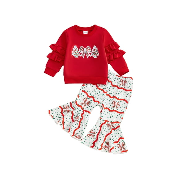 Miaouyo Toddler Baby Girls Christmas Fall Clothing Set 6 12 18 24 Months 2T 3T 4T Tree Embroidery Pullover with Printed Bell Bottom Outfit