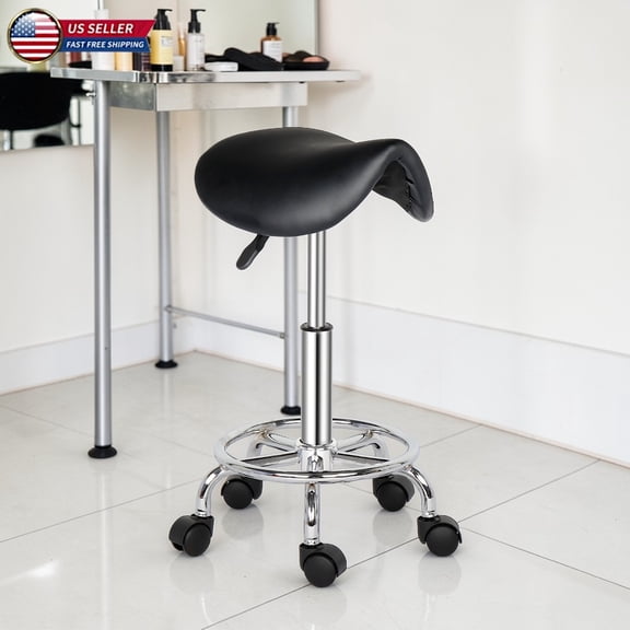 Hassch Swivel Saddle Stool w/ Wheels, Height-Adjustable Rolling Stool 20"-25.6", PU Leather Upholstered Rolling Seat for Salon, Massage, Home Office (Black)