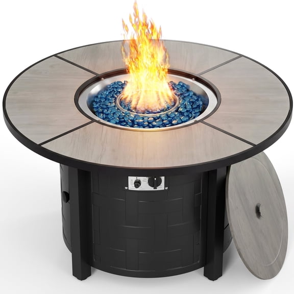 TLGREEN 42" Propane Fire Pit Table with Lid, 50,000 BTU Auto-Ignition Circular Gas Fire Pit for Outdoor, Includes Waterproof Cover & Blue Fire Glass (Gray)