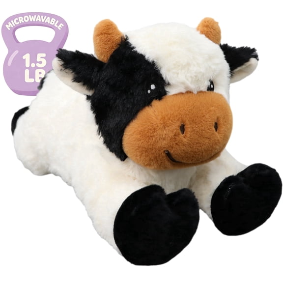 Weighted Stuffed Cow Plush, 13.8 Inch Heatable Cuddly Cow Plushie with Flaxseed Filling, Soft Lying Cow Stuffed Animal for Home Decor, Soft plush Toy for Kids & Adults, 1.5lb