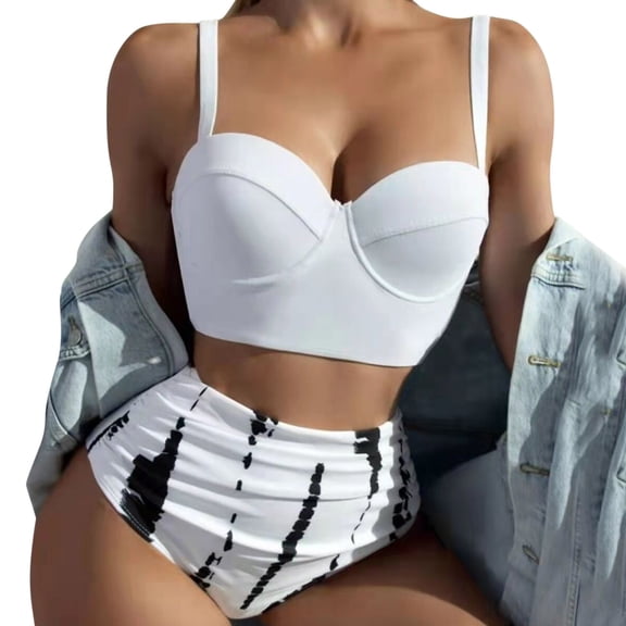 Sngxgn Women Two Piece Swimsuits High Waisted Bikini Set Tummy Control Ruched Tie Knot Bathing Suits(White,S)