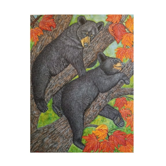 Canvas Wall Art - Sofya Mikeworth 'Black Bear Cubs on a Maple Tree 2' Wall Art for Living Room, Bedroom, or Office Décor by Trademark Fine Art - 14 x 19 Inches