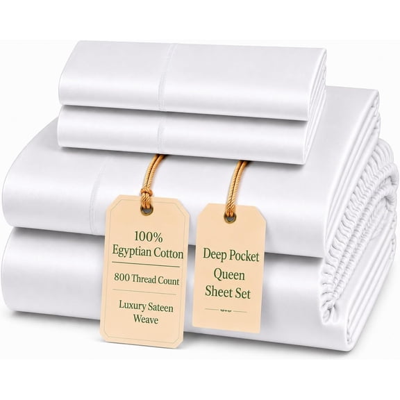 800 Thread Count Queen Sheet Set 100% Egyptian Cotton Silky Sateen Weave White with 15 Inch Deep Pockets