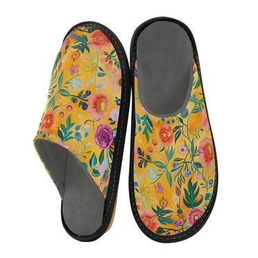ALAZA Mens Womens Cozy Memory Foam Slippers Moroccan Yellow Floral Unisex House Shoes 10.5-11