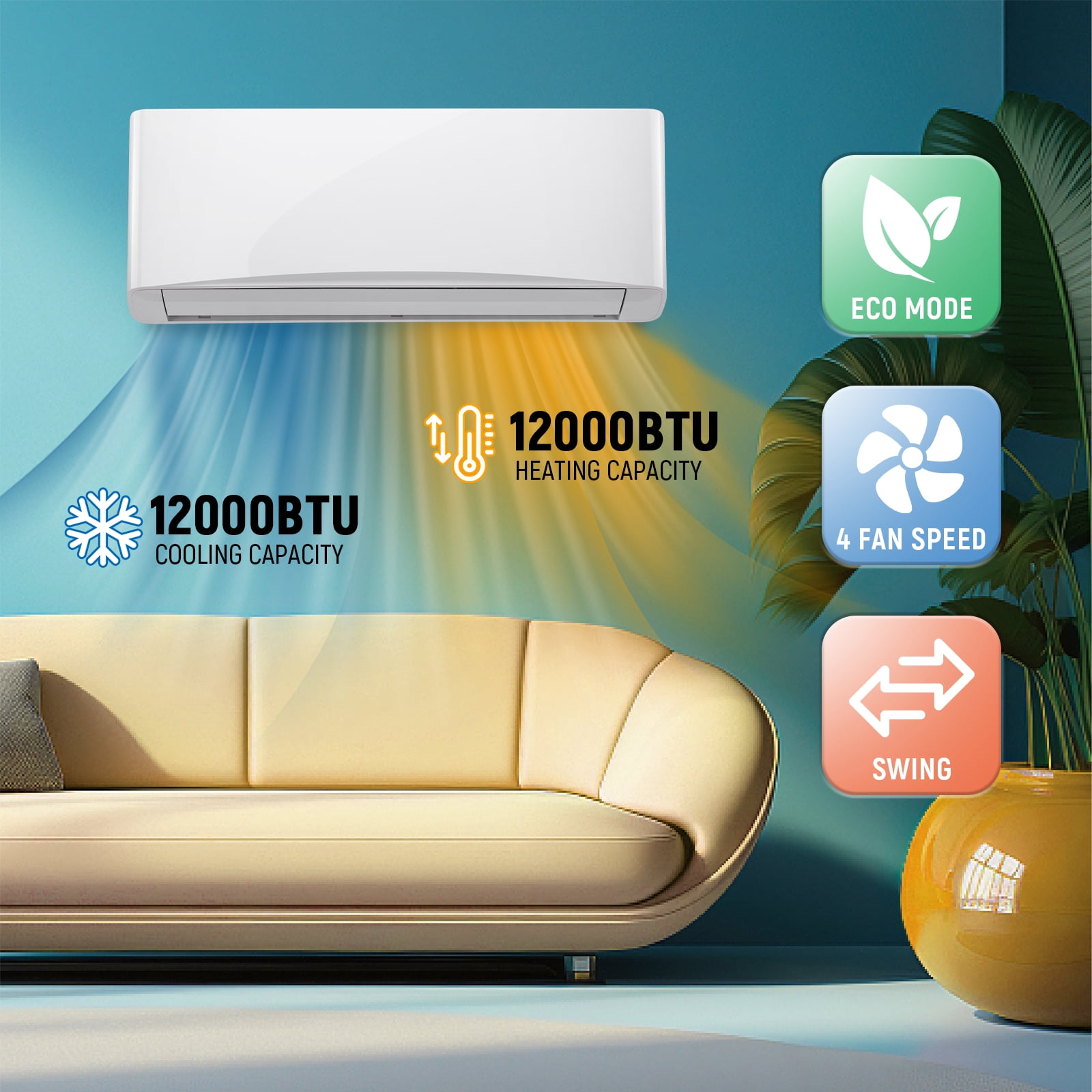 12000 BTU Mini Split Air Conditioner& Heater, Inverter Split AC 17 SEER2 Energy Saving 115V Cools Rooms up to 750 Sq.Ft Remote Control Included