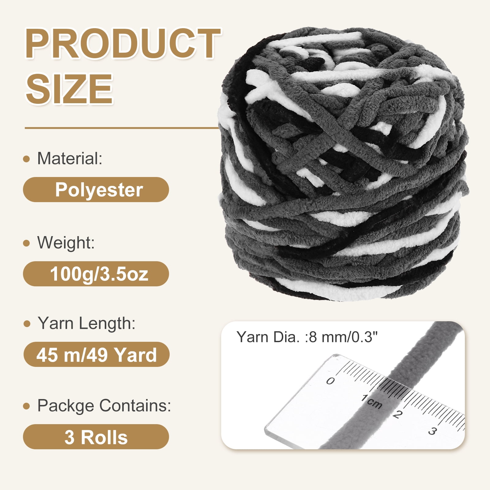 Uxcell 3 Pcs Blanket Yarn, 49 Yards Fluffy Velvet Plush Bulky Thick Chenille Chunky Yarn for Soft Velvet Blanket Shawl Scarf Crochet Hand Knitted Crafts, Black-White-Grey