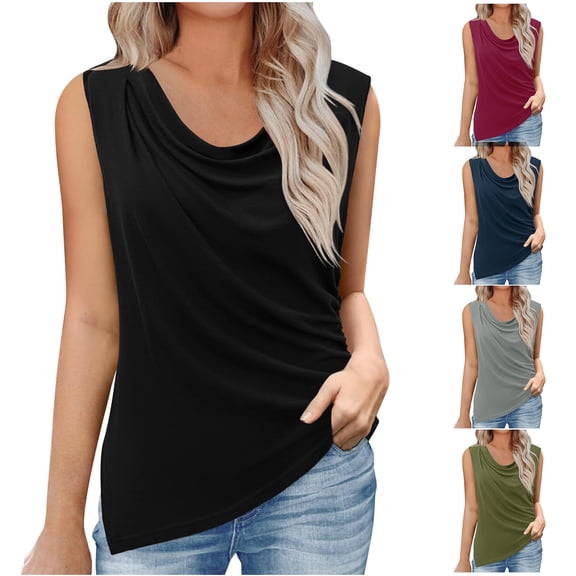 YHAJDS Womens Summer Tank Tops Solid Color Round Neck Sleeveless Top With Ruffle Detail For Casual Spring Outfits