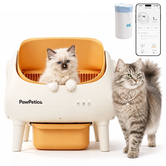 PawPetica Self Cleaning Cat Litter Box, Open-Top Automatic Cat Litter Box with Large Waste Bin, Dual Safety Sensors, Easy Clean Pet Toilet for Multiple Cats