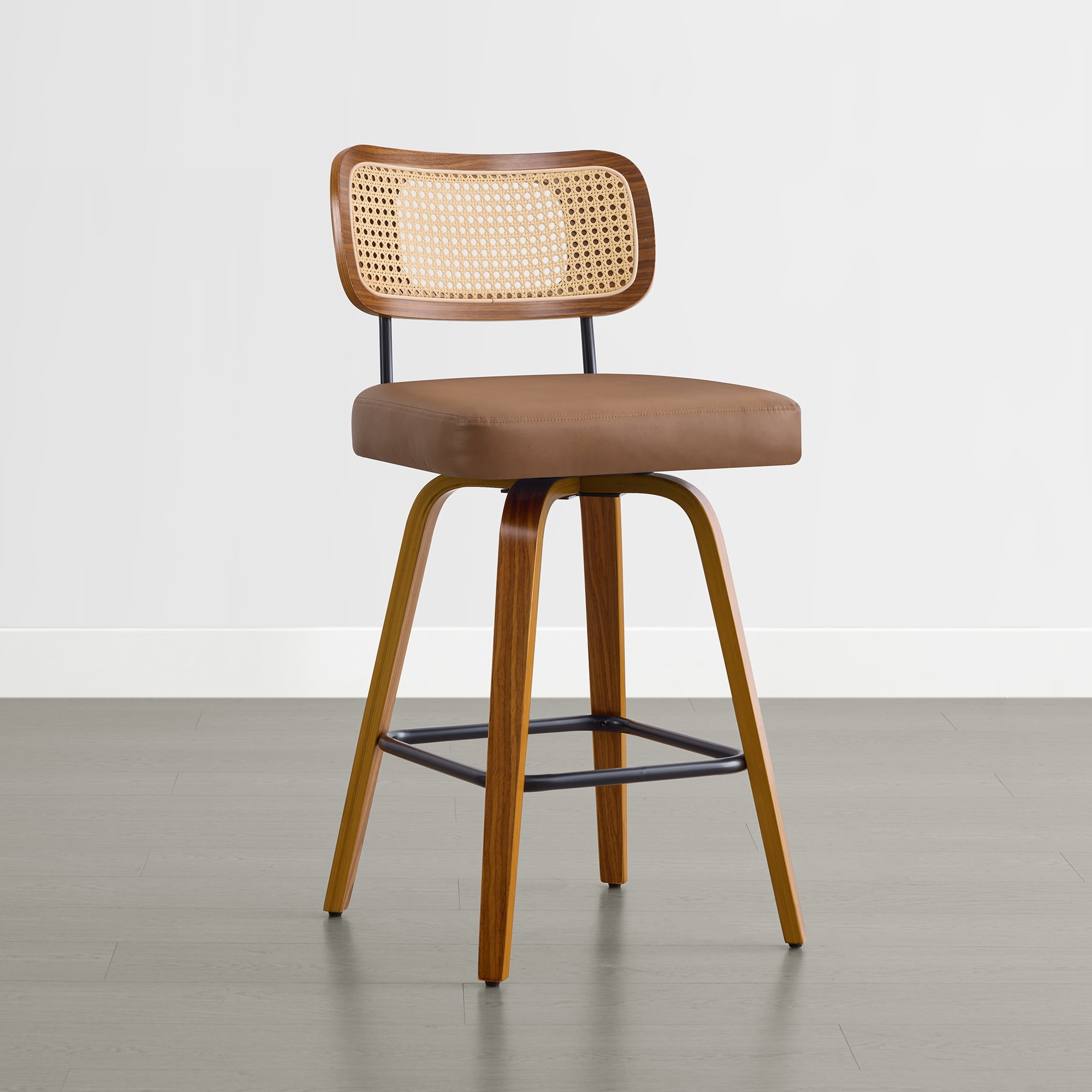 Spruce & Spring 26" Swivel Counter Bar Stool with Walnut Bentwood Frame Set of 2, PE Rattan Back, Brown