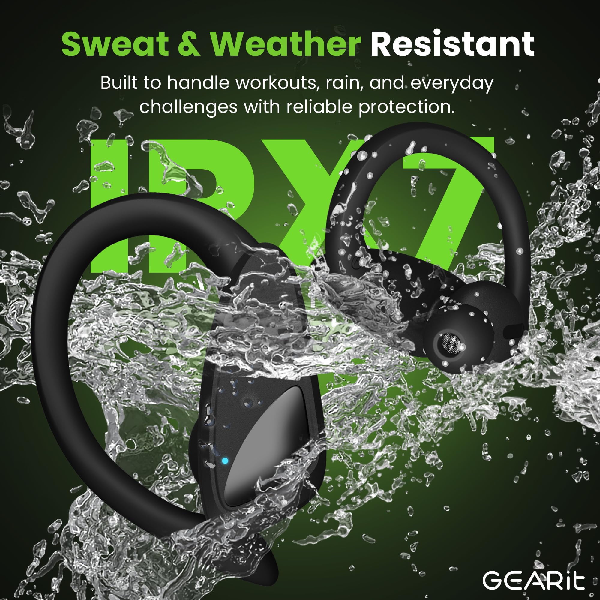 GEARit Sport Hook True Wireless Earbuds Compatible with iPhone & Android - 23H Playtime - IPX7 Water Resistant & Sweatproof - Secure Fit 5.4 Bluetooth Ear Buds - Wireless Bluetooth Earbuds