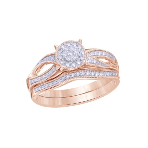 AFFY White Natural Diamond Cluster Vintage-Style Bridal Set In 10k Rose Gold (0.25 Cttw)