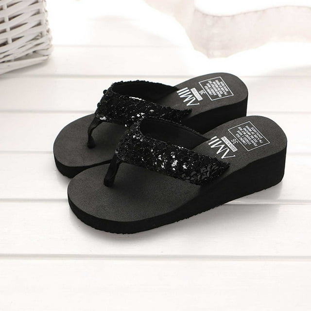 LSLJS Womens Wedges Flip Flops Summer Thong Beach Sandals Summer Fashion Sequin Flip-flops with Platform Beach Sandals