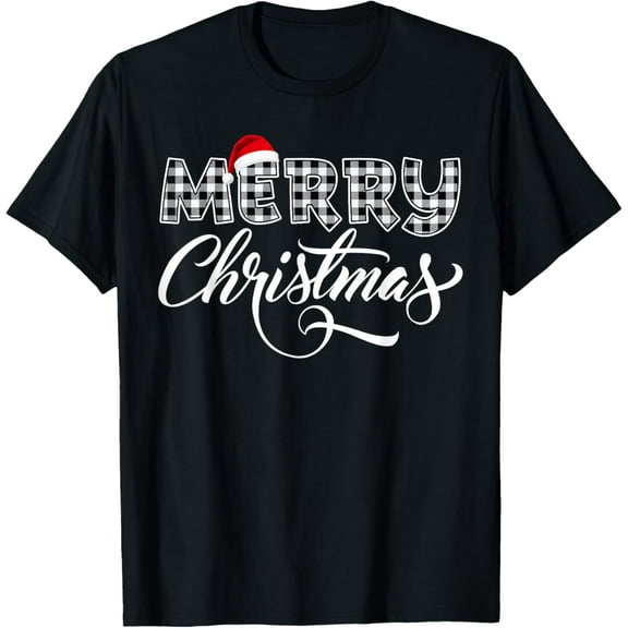 Merry Christmas Buffalo Black and White Plaid for Men Women T-ShirtMen and women, Black T-shirt, size: Extra large S-4XL