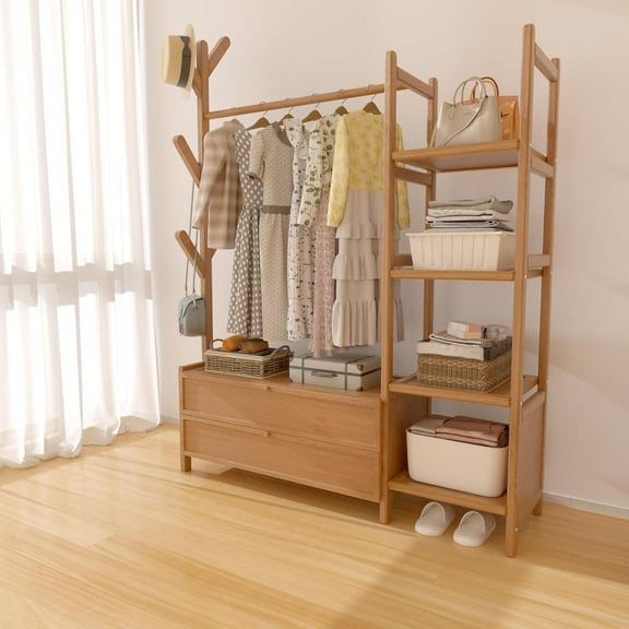 Bamboo Clothes Rack,Extra Large Garment Rack 5-Tier Storage Box Shelves with 2 Drawers and 6 Hanging Hooks,Multifunctional Wardrobe Closet Organizer for Entryway Guestroom Kids Baby Bedroom